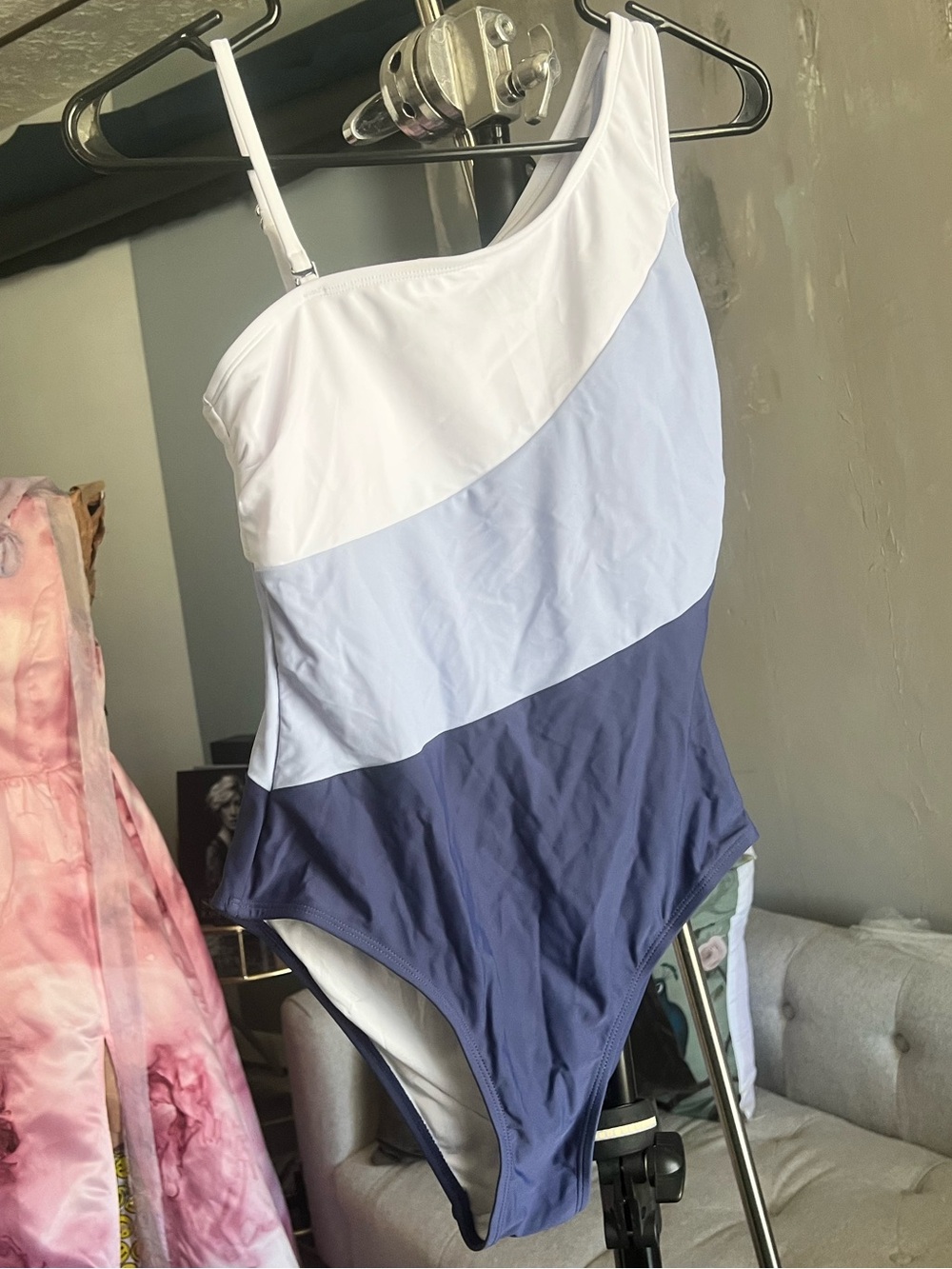 Colorblock One-Shoulder Swimsuit in White, Light Blue, Navy